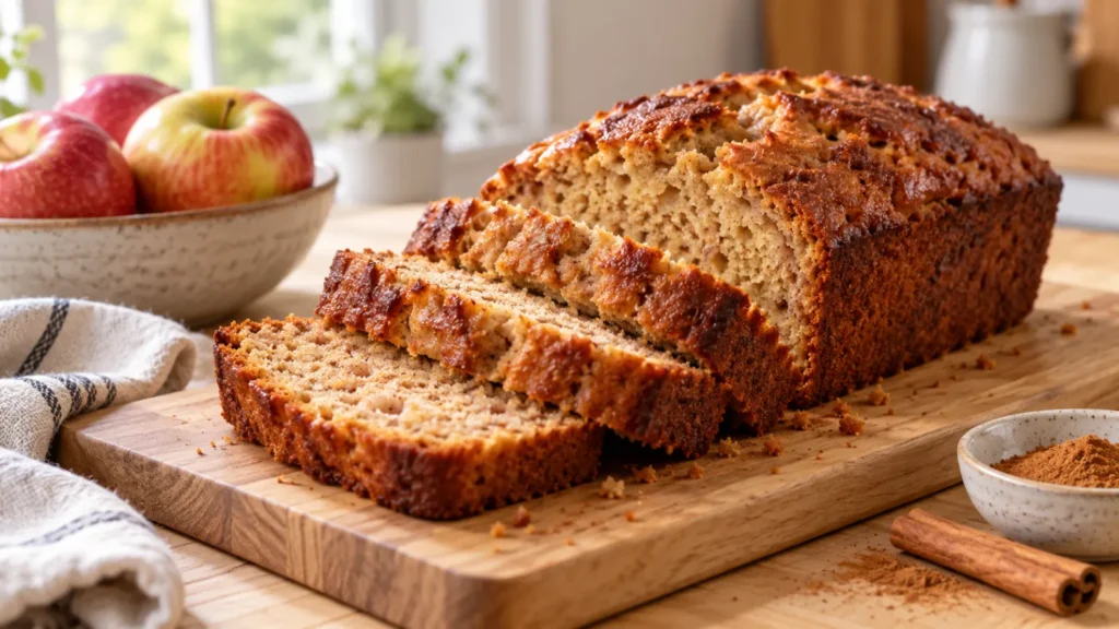 A sliced applesauce bread with a golden brown crust and soft interior, arranged on a light wood kitchen table
