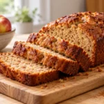A sliced applesauce bread with a golden brown crust and soft interior, arranged on a light wood kitchen table