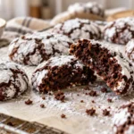 A batch of freshly baked chocolate crinkle cookies, with a few broken in half to show their soft centers