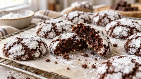 A batch of freshly baked chocolate crinkle cookies, with a few broken in half to show their soft centers