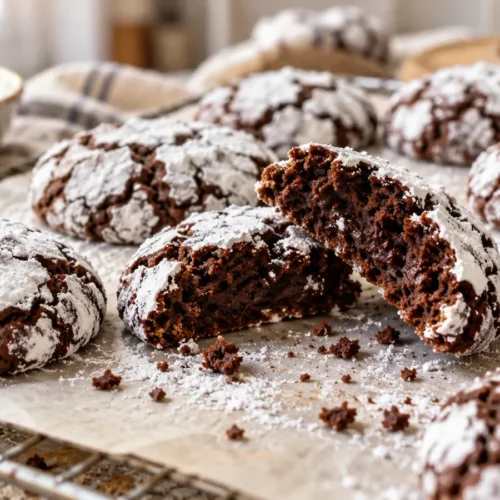 A batch of freshly baked chocolate crinkle cookies, with a few broken in half to show their soft centers