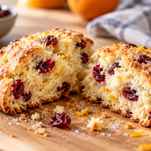 A sliced cranberry orange scone with a fluffy interior and dried cranberries, on a light wood kitchen table