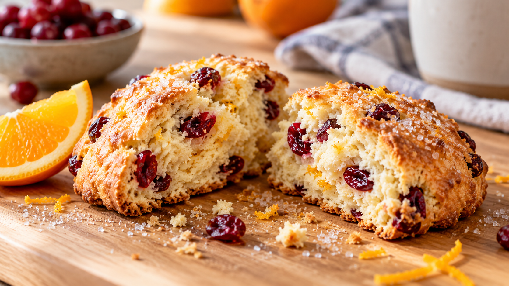 A sliced cranberry orange scone with a fluffy interior and dried cranberries, on a light wood kitchen table