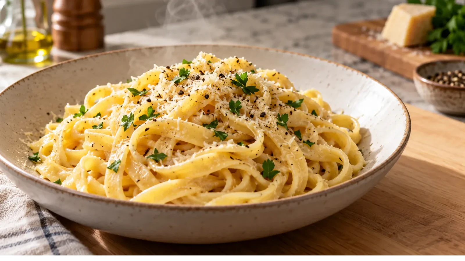 A serving of freshly cooked fettuccine on a light wood kitchen table