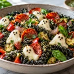 A colorful ghost pasta dish with squid ink fusilli pasta, turkey pepperoni, zucchini, bell pepper, and shallot, topped with molded mozzarella ghosts and garnished with fresh basil and parsley.