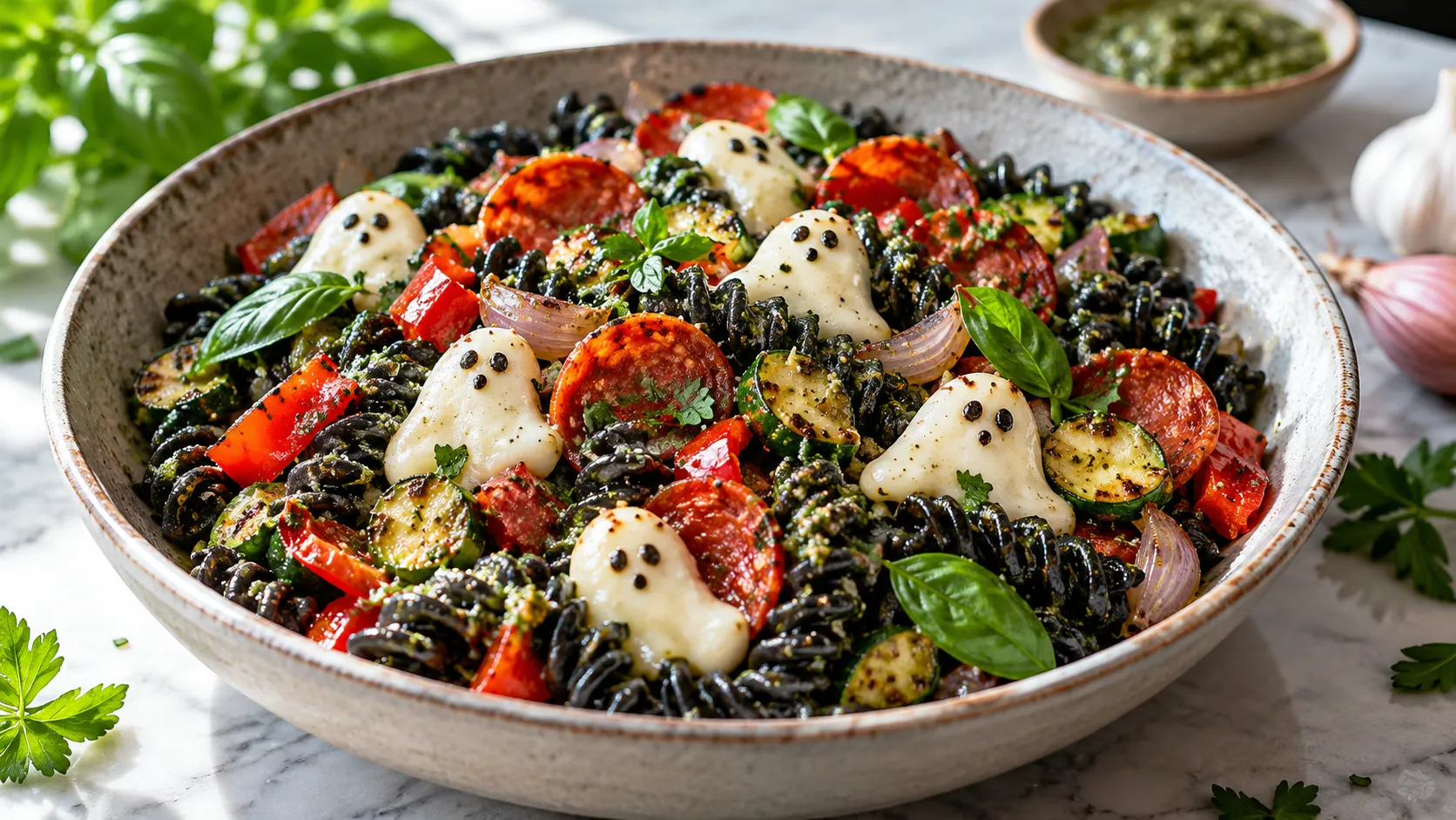 A colorful ghost pasta dish with squid ink fusilli pasta, turkey pepperoni, zucchini, bell pepper, and shallot, topped with molded mozzarella ghosts and garnished with fresh basil and parsley.
