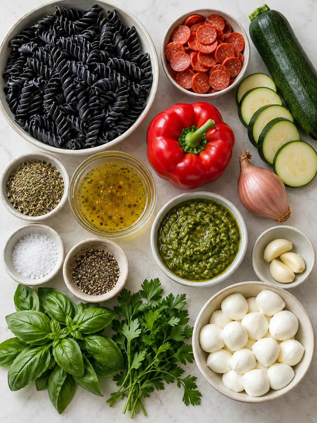 A flat-lay arrangement of ingredients for the ghost pasta recipe, including pasta, turkey pepperoni, vegetables, herbs, and cheese.