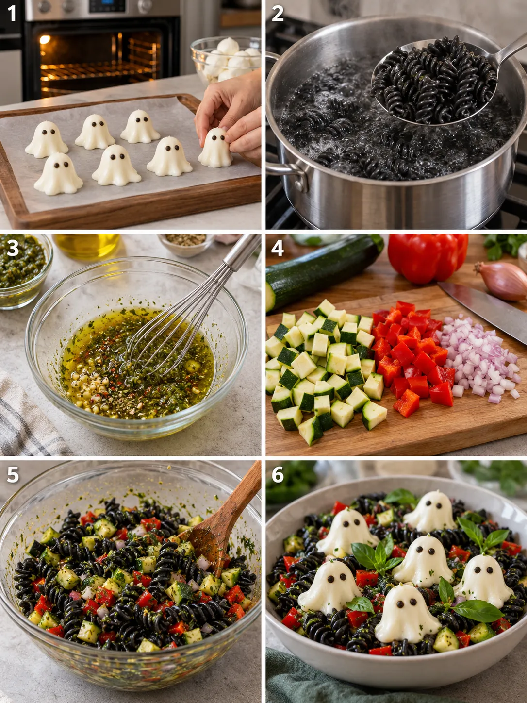 A step-by-step guide to preparing the ghost pasta dish, including cooking the pasta, mixing the dressing, and assembling the final dish.
