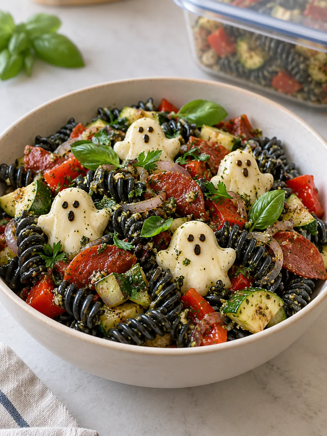 A serving of the ghost pasta dish, featuring molded mozzarella ghosts on top of the chilled pasta mixture, garnished with fresh basil and parsley.