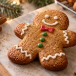 A freshly baked gingerbread man cookie with golden browning and a soft center, placed on a wooden cutting board