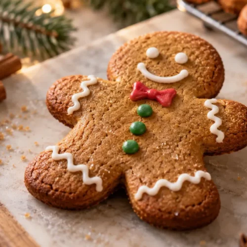 A freshly baked gingerbread man cookie with golden browning and a soft center, placed on a wooden cutting board