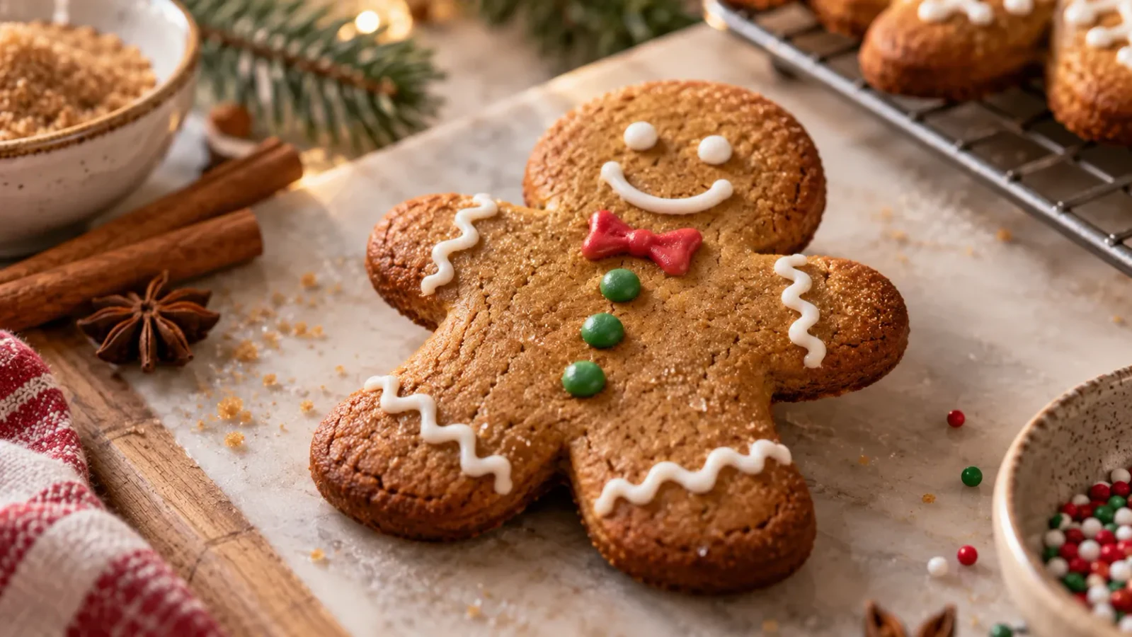 A freshly baked gingerbread man cookie with golden browning and a soft center, placed on a wooden cutting board