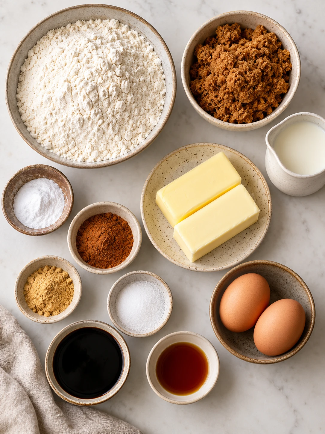 A flat-lay shot of the ingredients for gingerbread man cookies, including flour, sugar, spices, and dairy products
