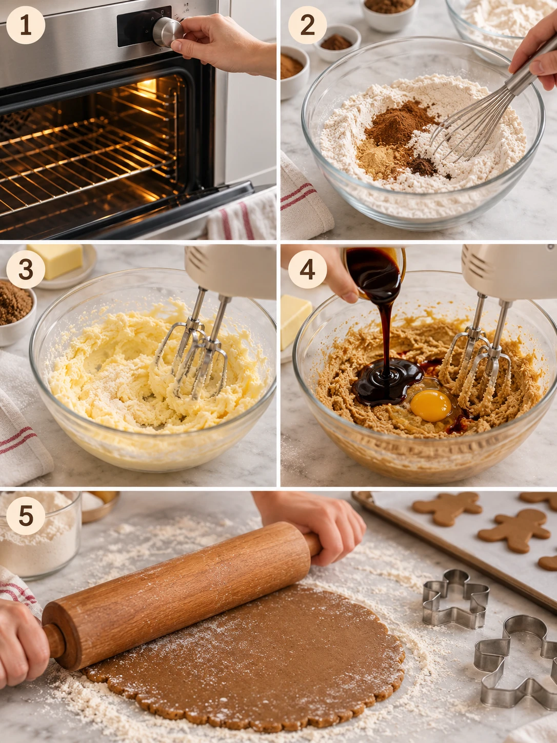A step-by-step guide to making gingerbread man cookies, including mixing, rolling, and baking