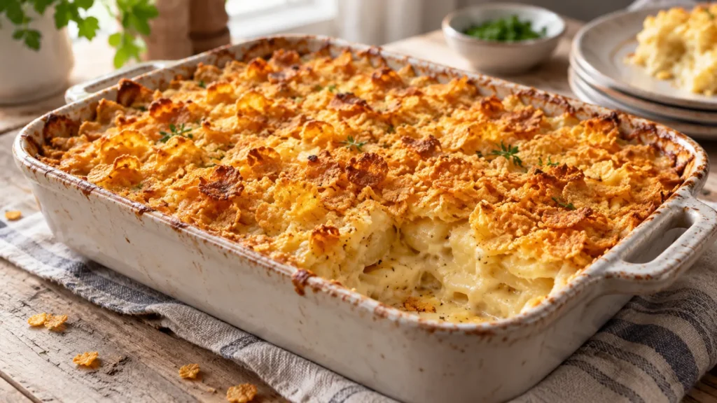 A baked potato casserole with a golden brown crust, topped with corn flakes and served on a rustic wooden table