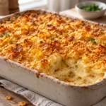 A baked potato casserole with a golden brown crust, topped with corn flakes and served on a rustic wooden table
