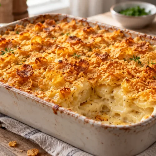 A baked potato casserole with a golden brown crust, topped with corn flakes and served on a rustic wooden table