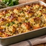 A baked turkey stuffing in a 9x13-inch dish, with a golden-brown crust and a few crusty bread cubes on top