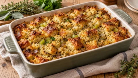 A baked turkey stuffing in a 9x13-inch dish, with a golden-brown crust and a few crusty bread cubes on top