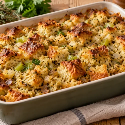A baked turkey stuffing in a 9x13-inch dish, with a golden-brown crust and a few crusty bread cubes on top