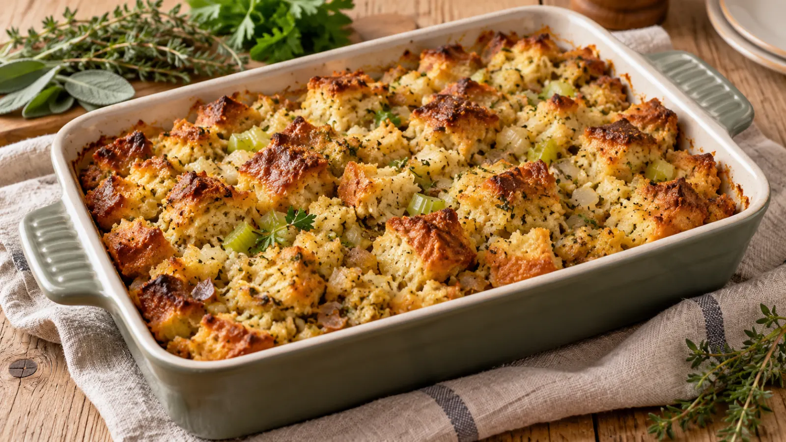A baked turkey stuffing in a 9x13-inch dish, with a golden-brown crust and a few crusty bread cubes on top