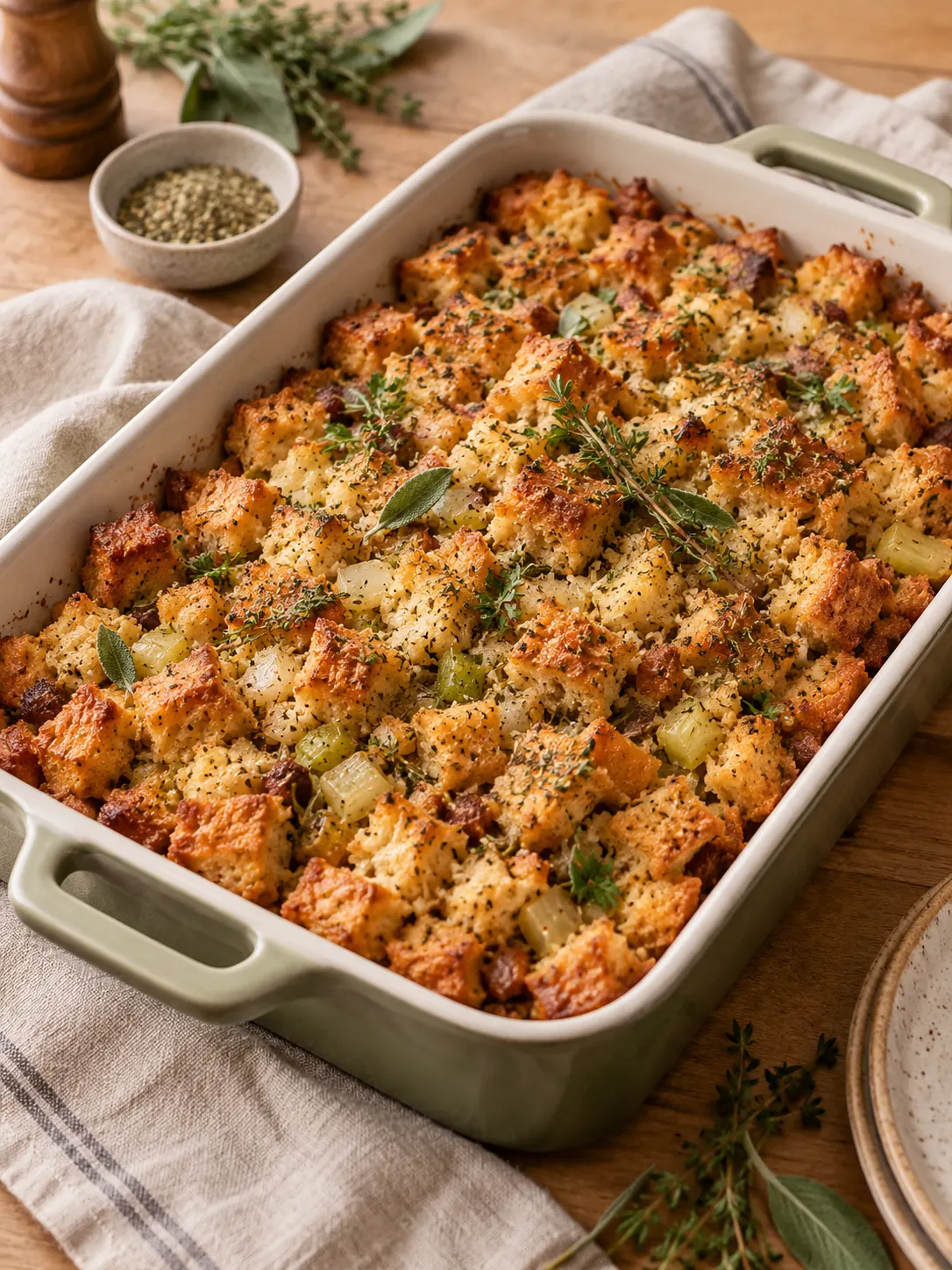 A baked turkey stuffing in a 9x13-inch dish, with a golden-brown crust and a few fresh herbs on top