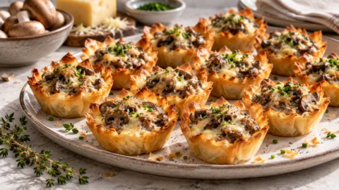 A platter of golden-brown mini phyllo tartlets filled with a savory sautéed mushroom and melted cheese mixture, garnished with fresh chives.