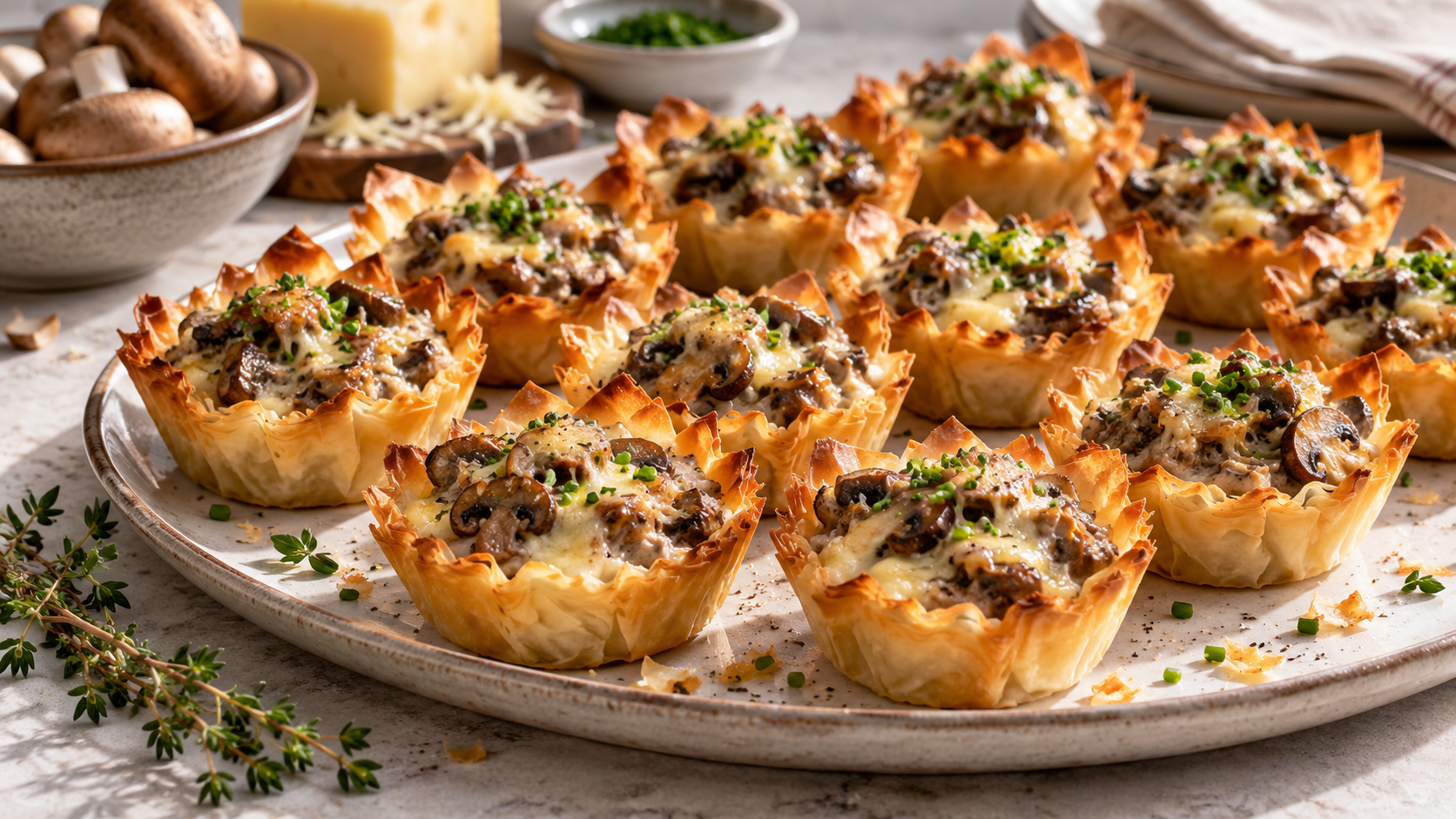 A platter of golden-brown mini phyllo tartlets filled with a savory sautéed mushroom and melted cheese mixture, garnished with fresh chives.