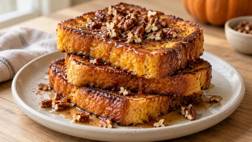 A stack of three thick pumpkin French toast slices topped with toasted pecans and maple syrup on a white plate.