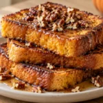 A stack of three thick pumpkin French toast slices topped with toasted pecans and maple syrup on a white plate.