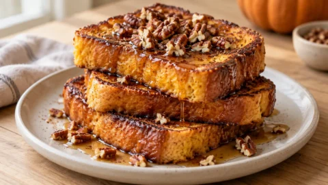 A stack of three thick pumpkin French toast slices topped with toasted pecans and maple syrup on a white plate.