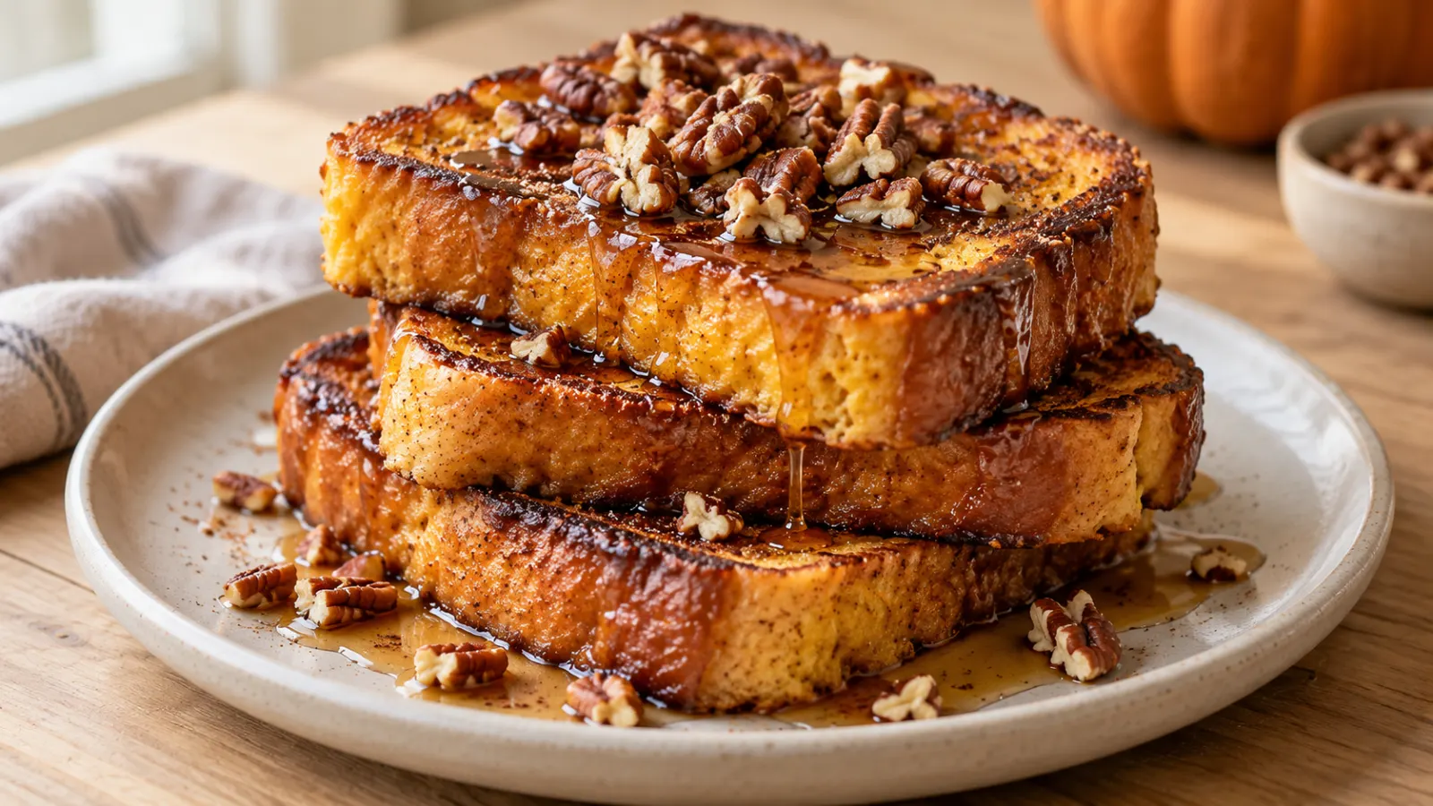 A stack of three thick pumpkin French toast slices topped with toasted pecans and maple syrup on a white plate.
