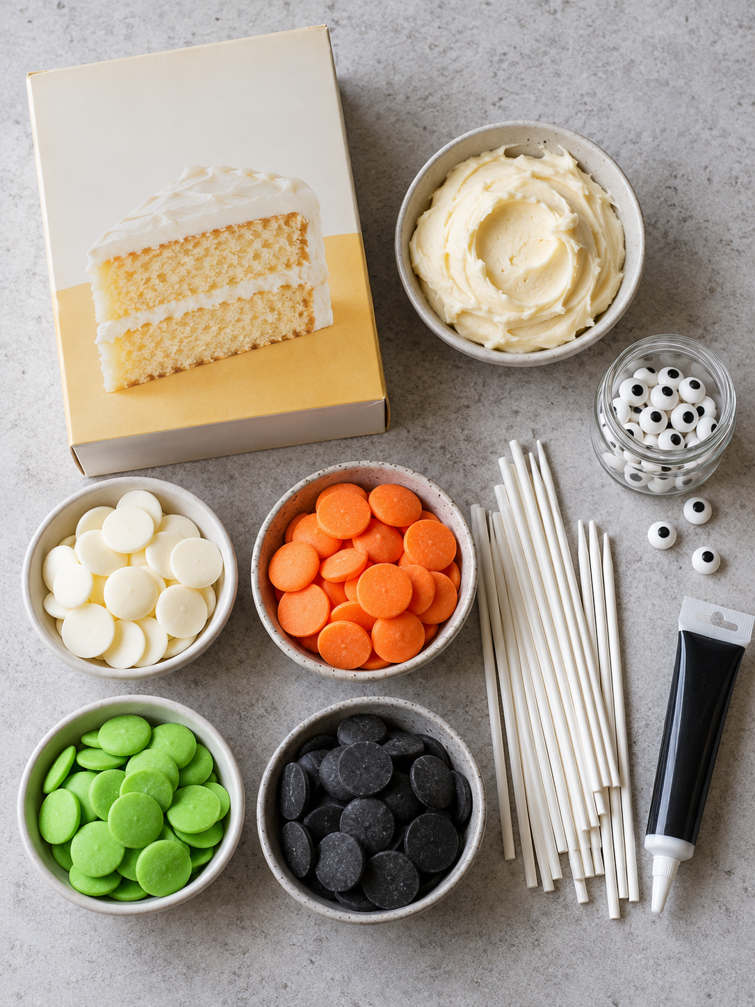 A flat-lay view of cake mix, frosting, various colored candy melts, lollipop sticks, and candy eyeballs on a stone surface.