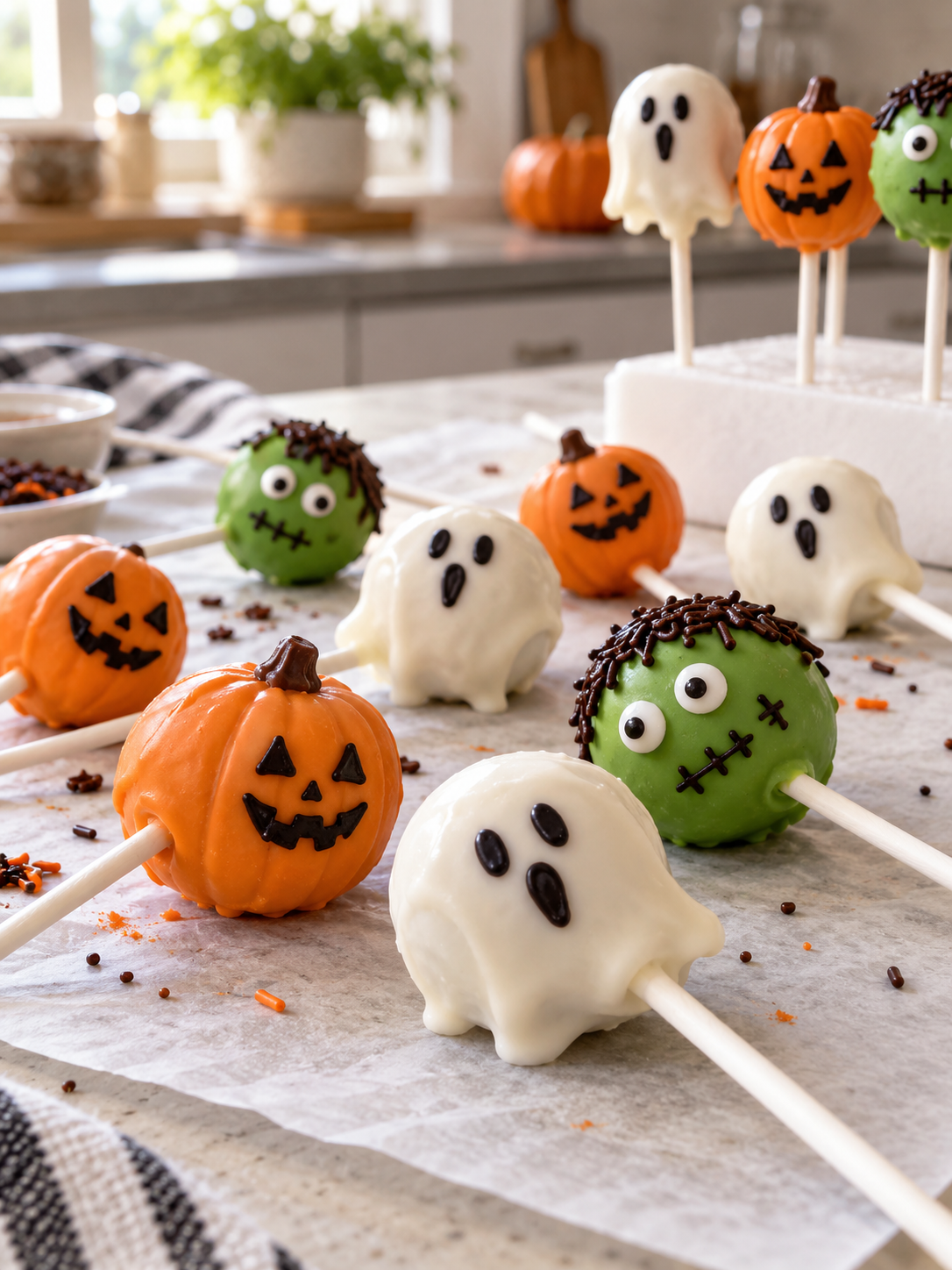 Freshly decorated Halloween cake pops resting on parchment paper and standing in a holder to dry.
