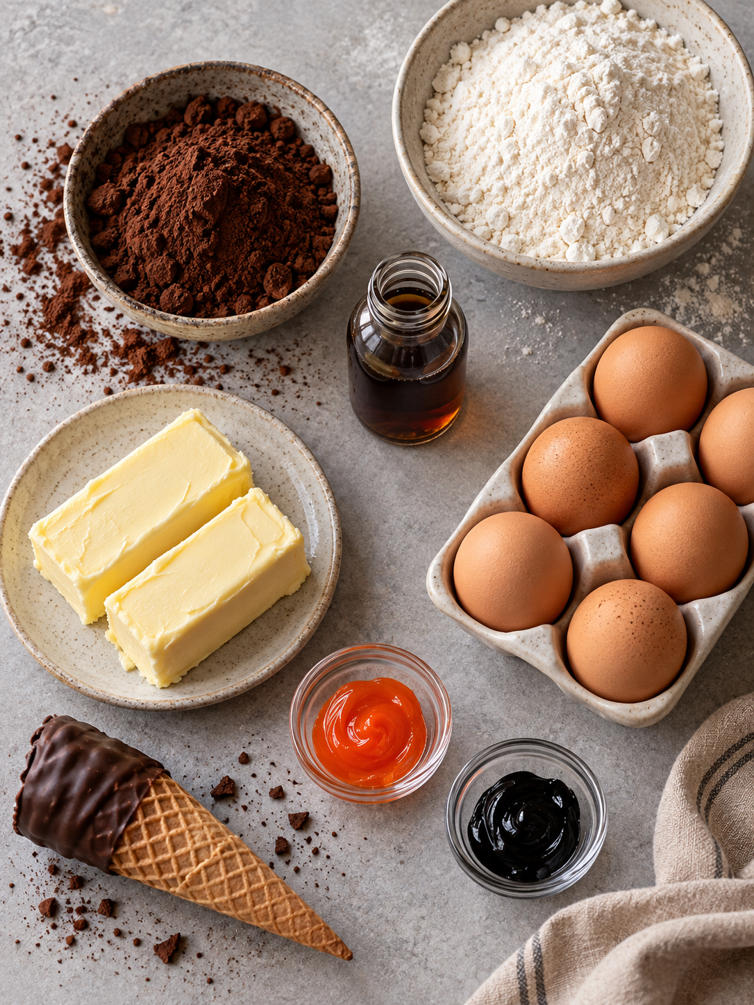 An overhead view of baking ingredients including cocoa powder, flour, butter, eggs, and food coloring gels for a Halloween cake.