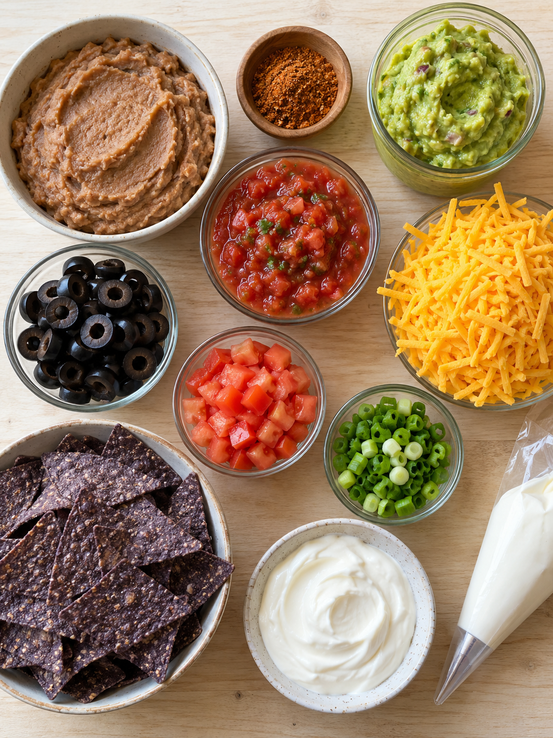 Flat-lay arrangement of refried beans, salsa, guacamole, cheddar cheese, black olives, and blue corn chips on a wooden surface.
