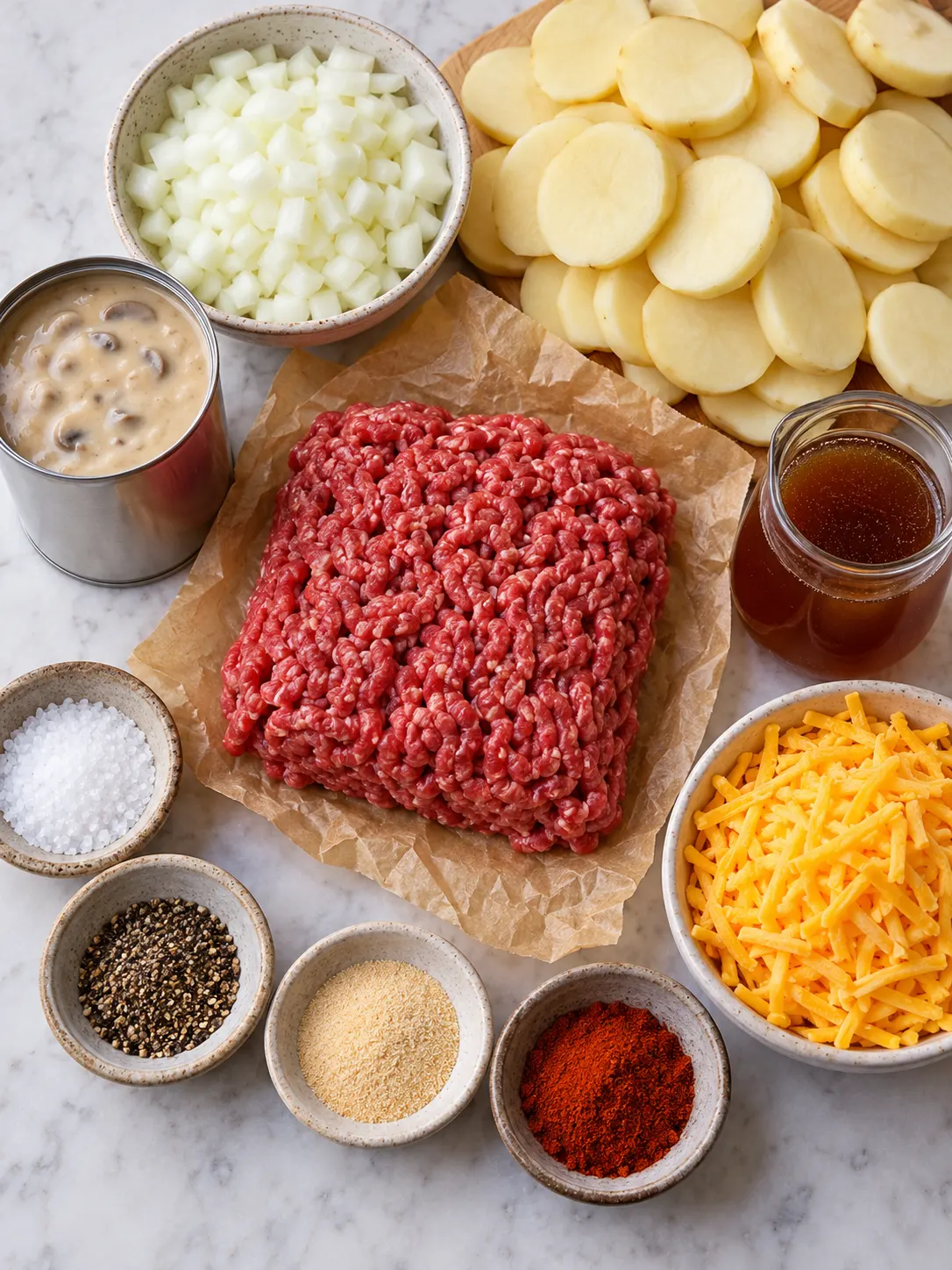 An overhead view of raw ground beef, sliced potatoes, onions, shredded cheese, and spices laid out on a light wooden surface.