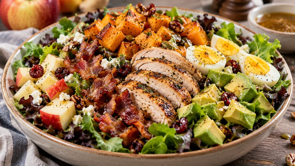 A large bowl of harvest salad with mixed greens, roasted butternut squash, crispy turkey bacon, sliced chicken, hard-boiled eggs, diced apple, and diced avocado.