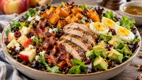 A large bowl of harvest salad with mixed greens, roasted butternut squash, crispy turkey bacon, sliced chicken, hard-boiled eggs, diced apple, and diced avocado.