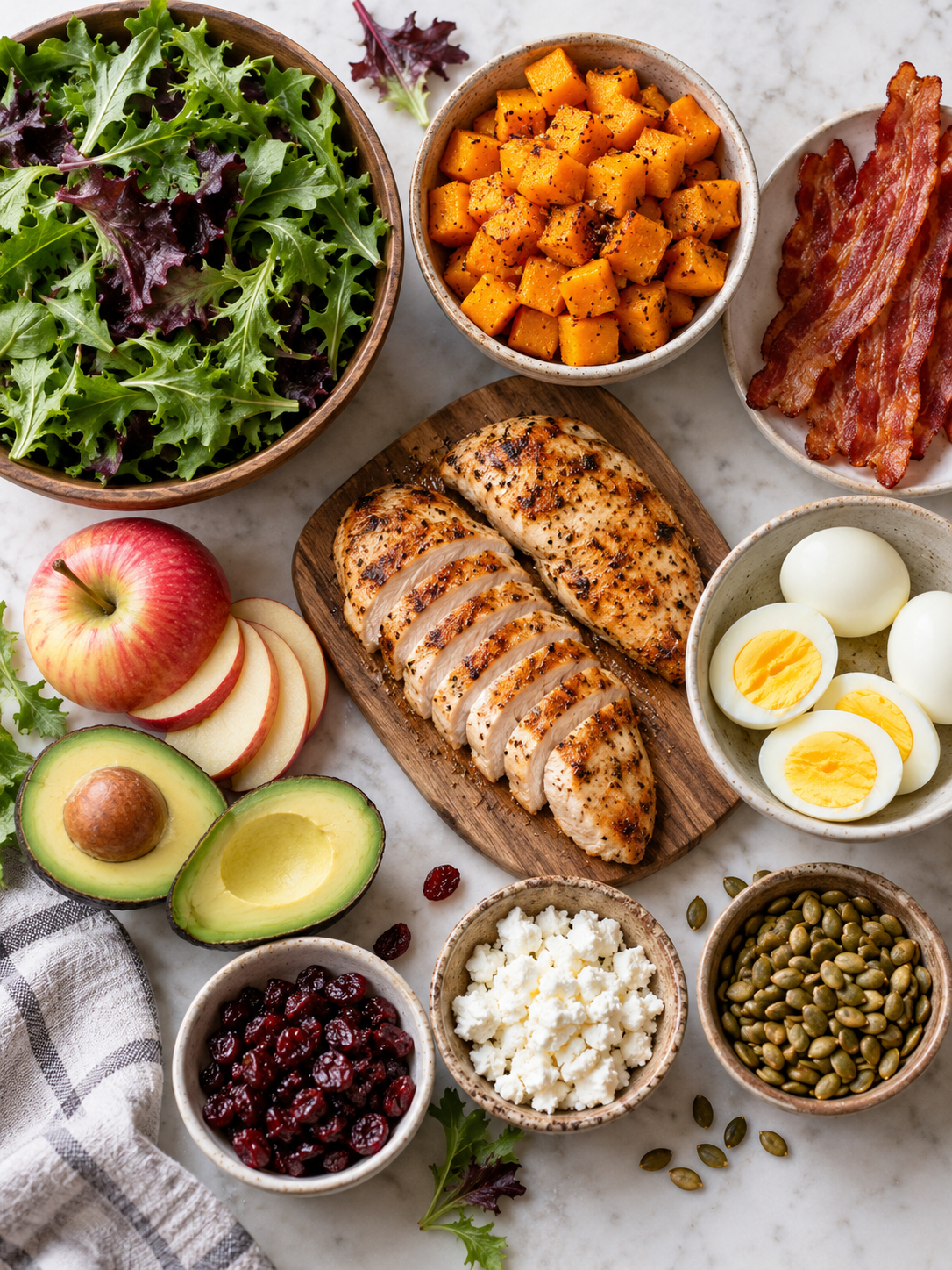 A flat-lay of ingredients for the harvest salad, including mixed greens, butternut squash, turkey bacon, chicken breasts, eggs, apple, avocado, dried cranberries, crumbled goat cheese, and toasted pepitas.