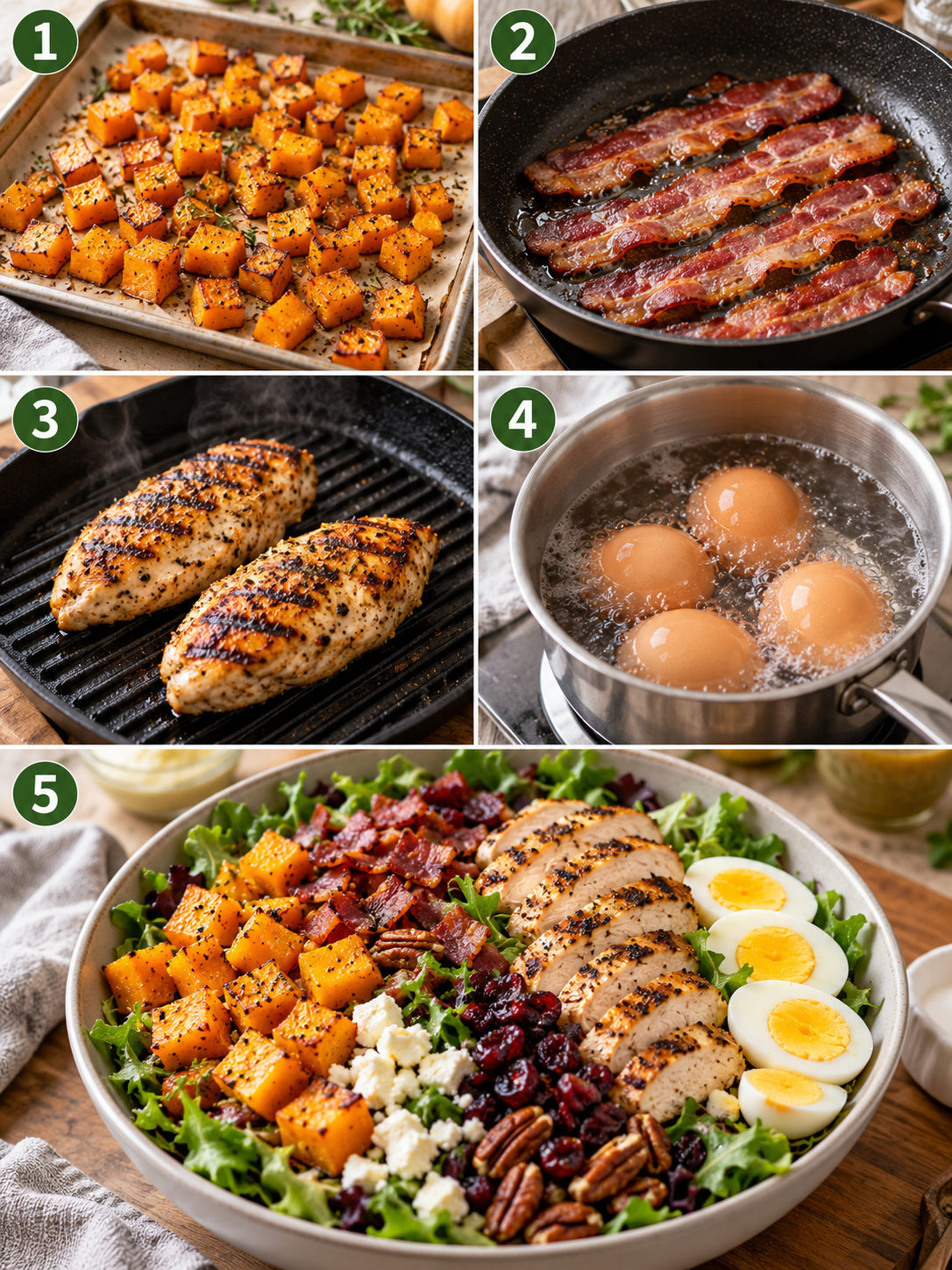 A step-by-step guide to preparing the harvest salad, including roasting the butternut squash, cooking the turkey bacon, grilling the chicken, hard-boiling the eggs, and assembling the salad.