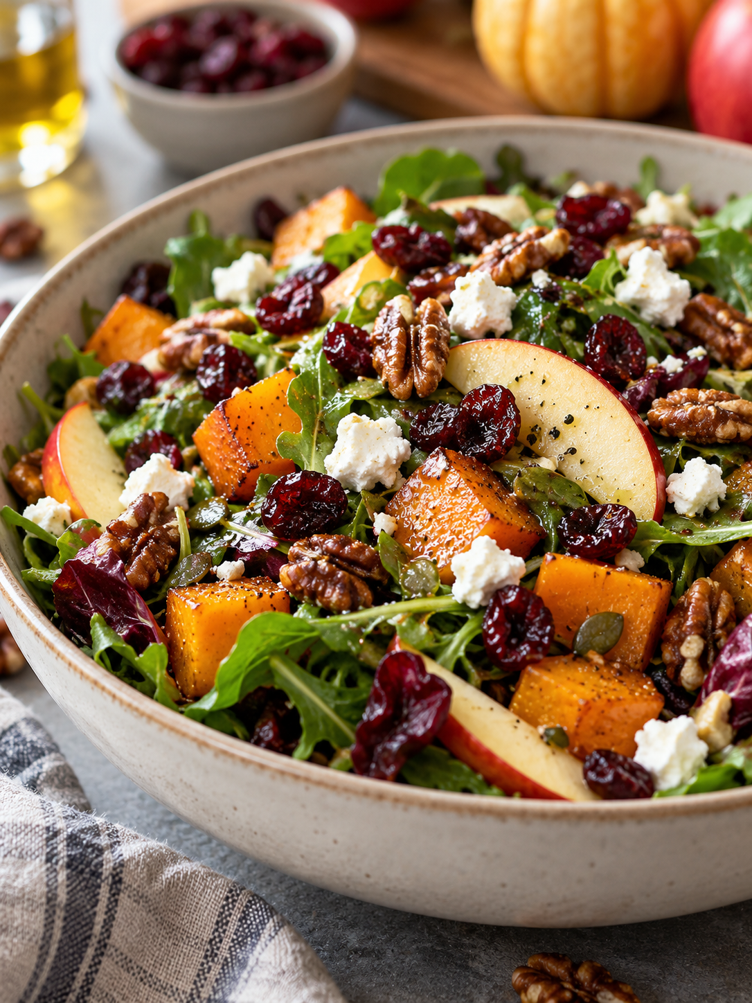 A serving bowl of harvest salad, topped with dried cranberries and crumbled goat cheese.
