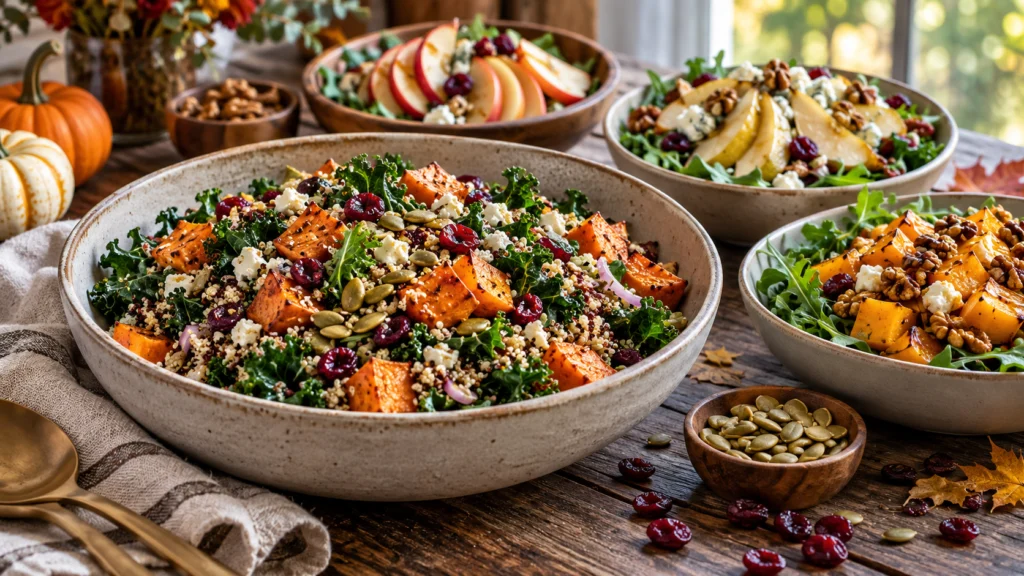 A curated spread of seven different fall salad recipes in ceramic bowls on a rustic wooden table, featuring roasted sweet potatoes, kale, apples, and autumnal vegetables.
