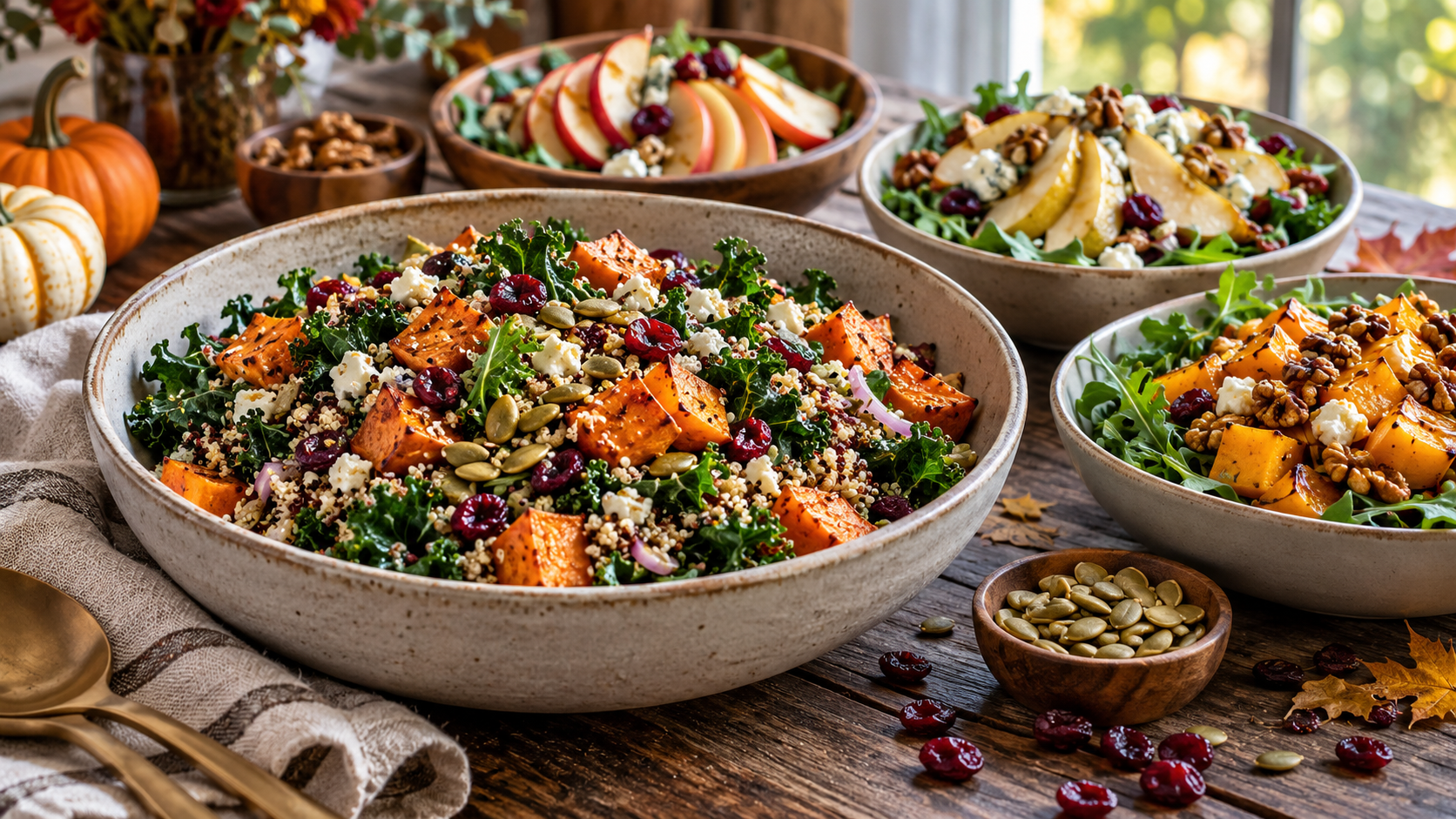 A curated spread of seven different fall salad recipes in ceramic bowls on a rustic wooden table, featuring roasted sweet potatoes, kale, apples, and autumnal vegetables.