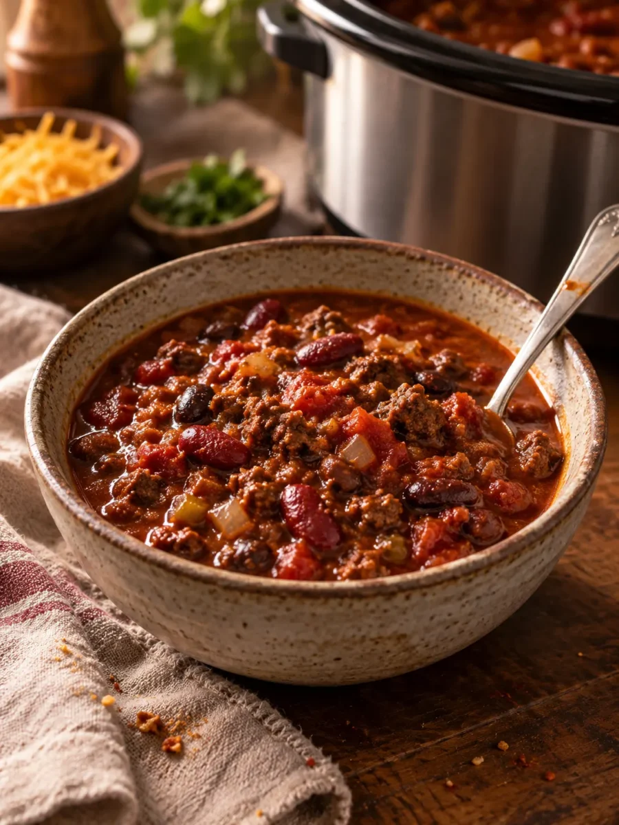 Crockpot Chili A close-up shot of a rustic bowl of chili with a silver spoon, showing the thick and savory texture of the dish.