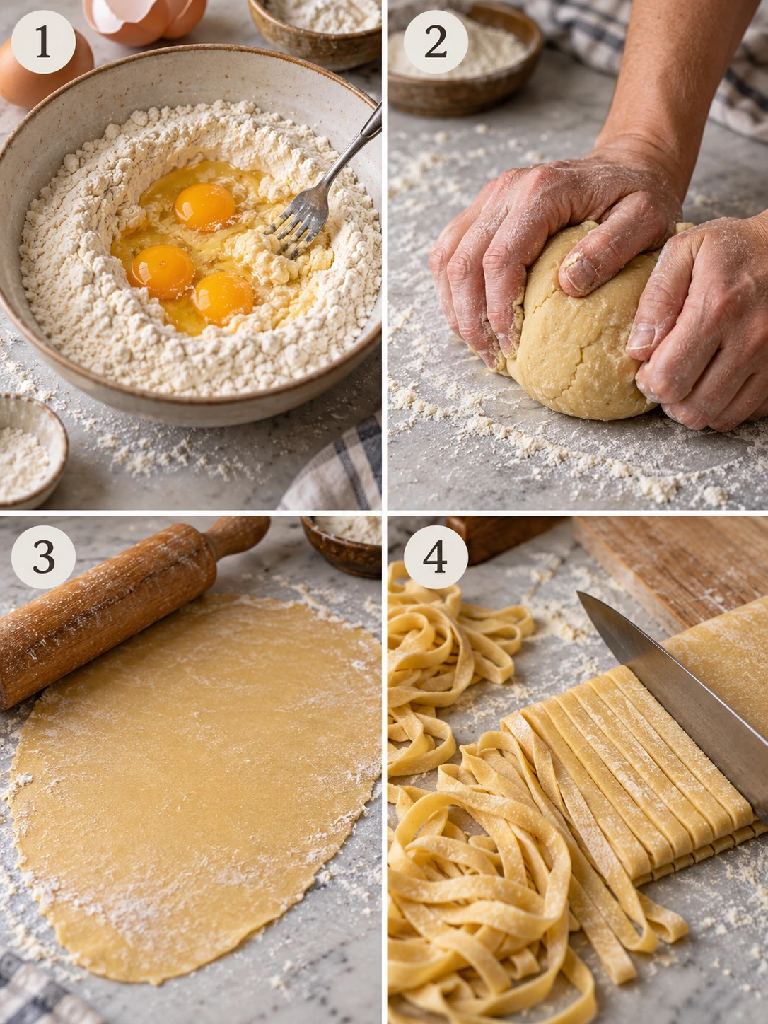 A step-by-step collage of cooking instructions for homemade fettuccine, including mixing, kneading, rolling, and cutting the dough