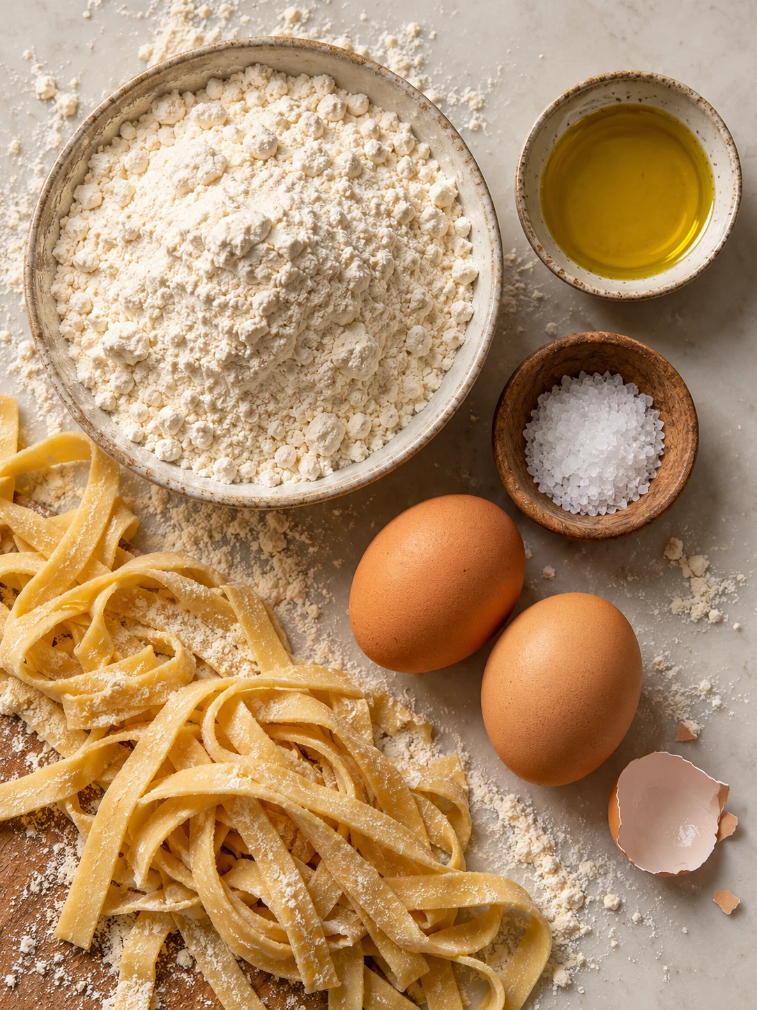 A flat-lay arrangement of ingredients for homemade fettuccine, including flour, eggs, salt, and olive oil
