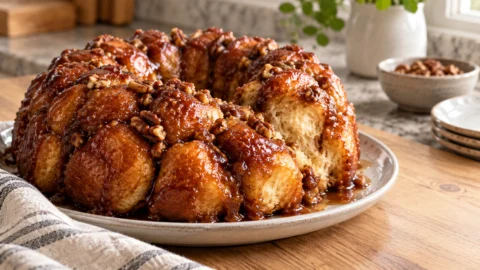 A freshly baked homemade monkey bread with golden brown color and melted texture
