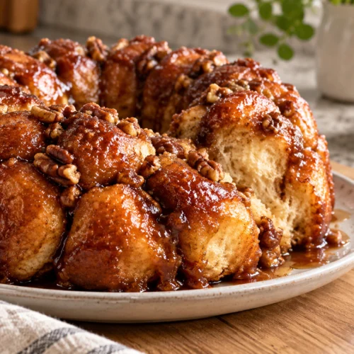 A freshly baked homemade monkey bread with golden brown color and melted texture