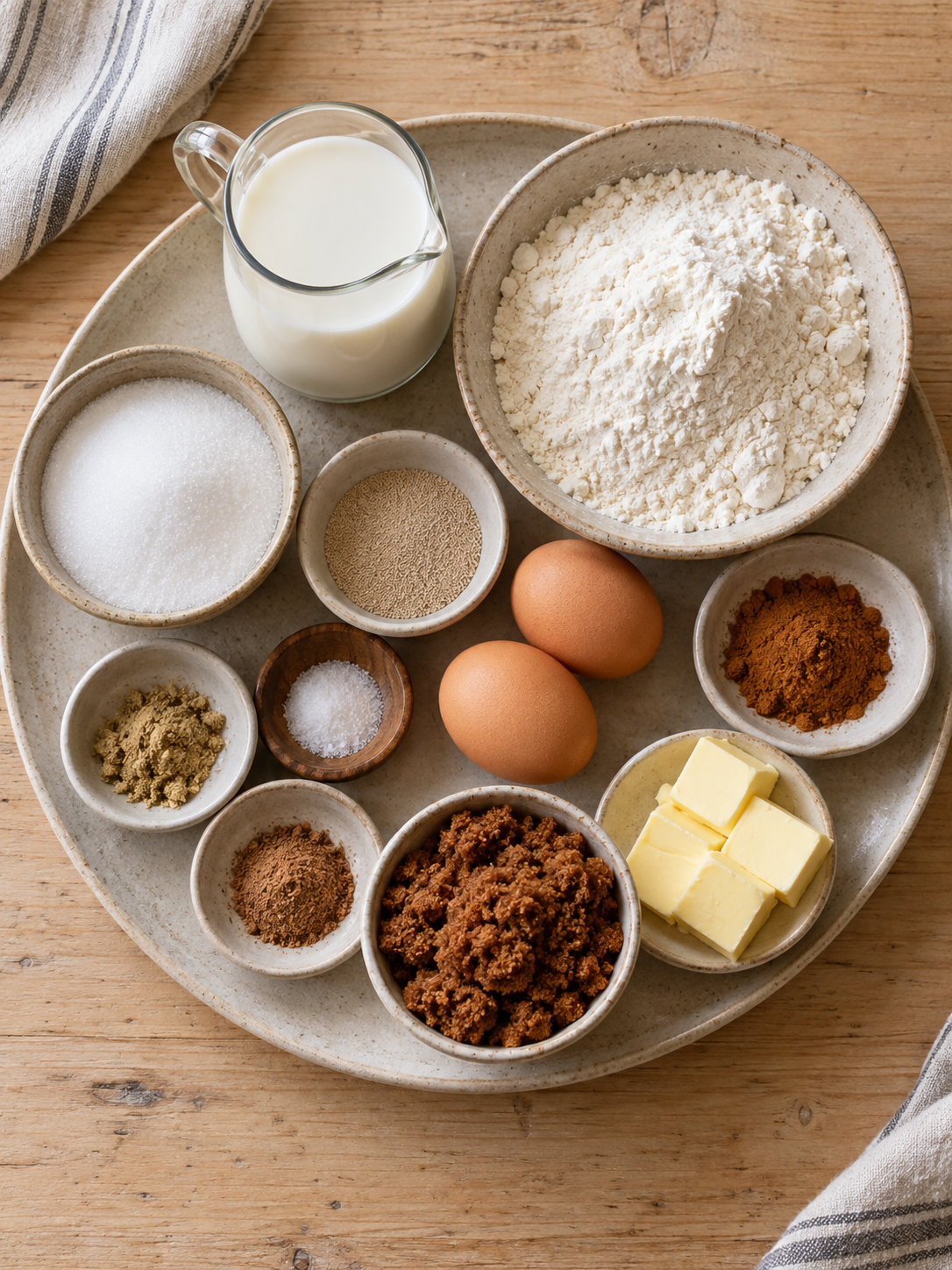 A collection of ingredients, including milk, sugar, yeast, eggs, flour, and spices, arranged on a plate